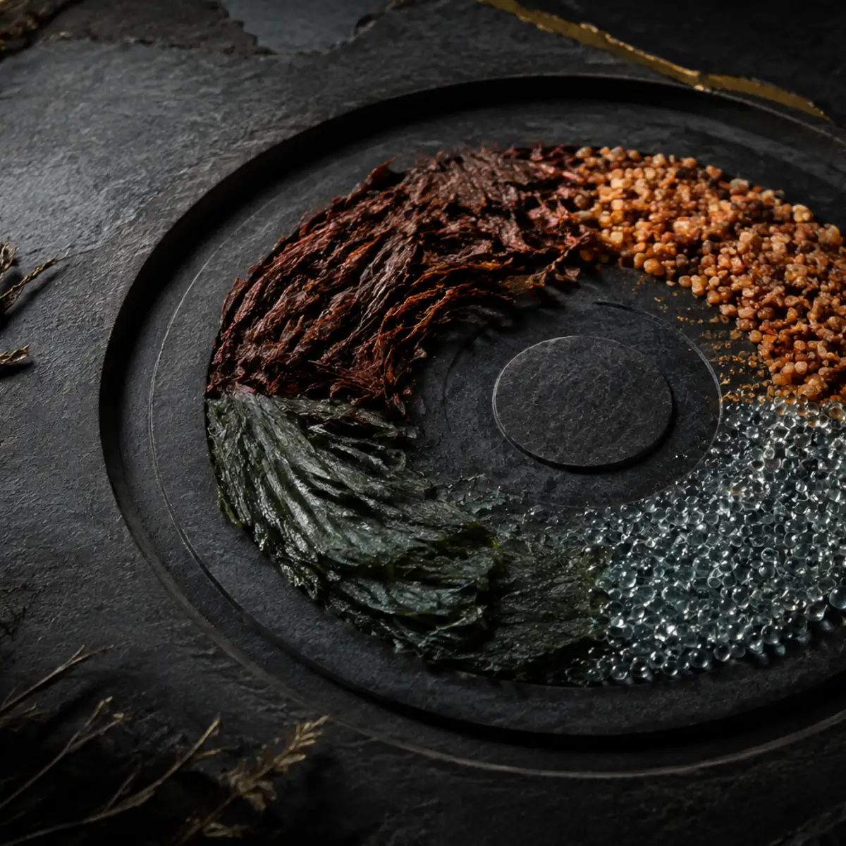 Círculo oscuro dividido en cuatro materias que evocan lluvia, calor, hojas y humedad costera
